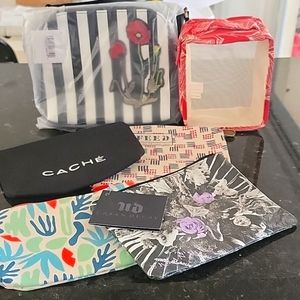 6 COSMETIC BAGS ASSORTED; 2 Clarins, Lancome, CACHE, IPSY, URBAN DECAY, NWT